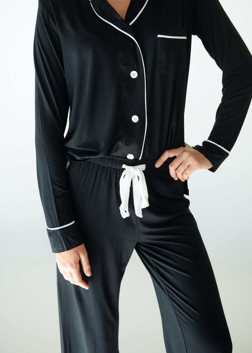 Middle of the Night Button Up Pajamas - Black with White Buttons - Image 3